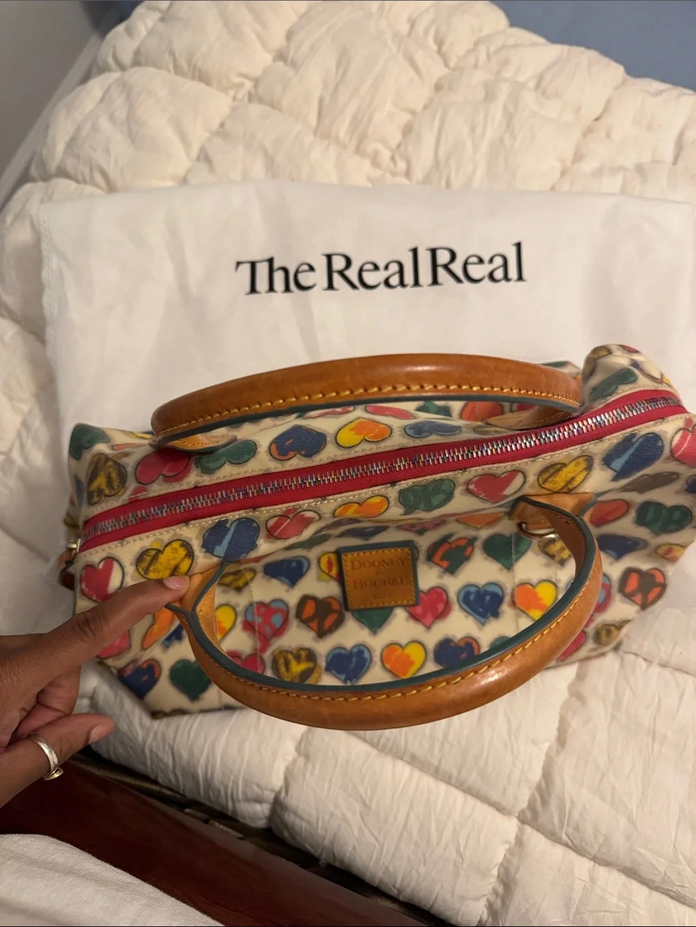 Dooney & Bourke Cream Satchel with Multicolor Heart Print